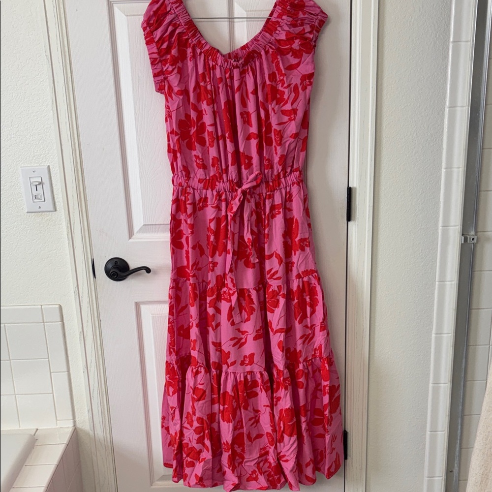 easel Pink and Red Floral Tiered Maxi Dress
